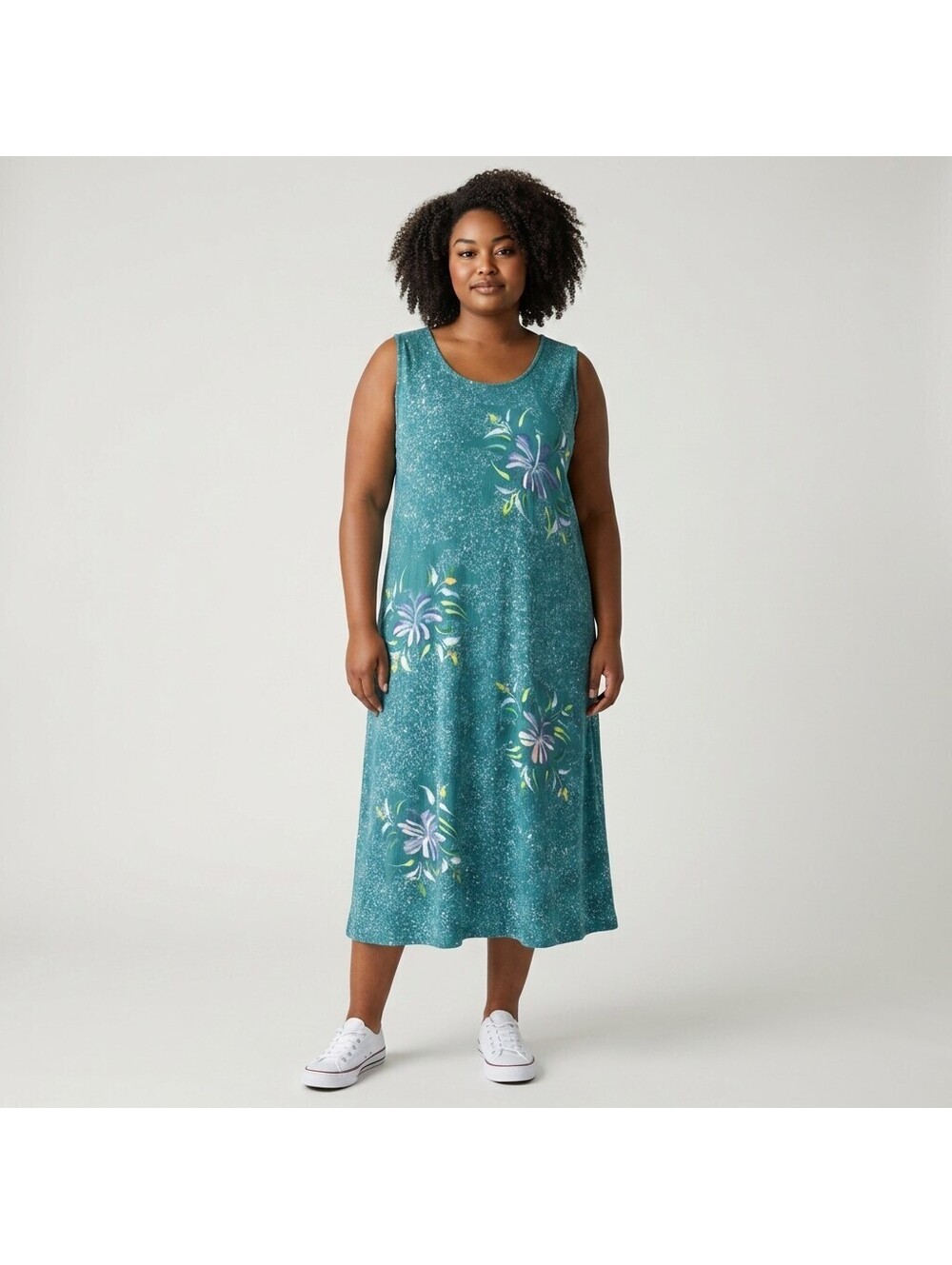 Pineapple Moon Dress Women One Size Blue Floral Shift Midi Sleeveless Stretch